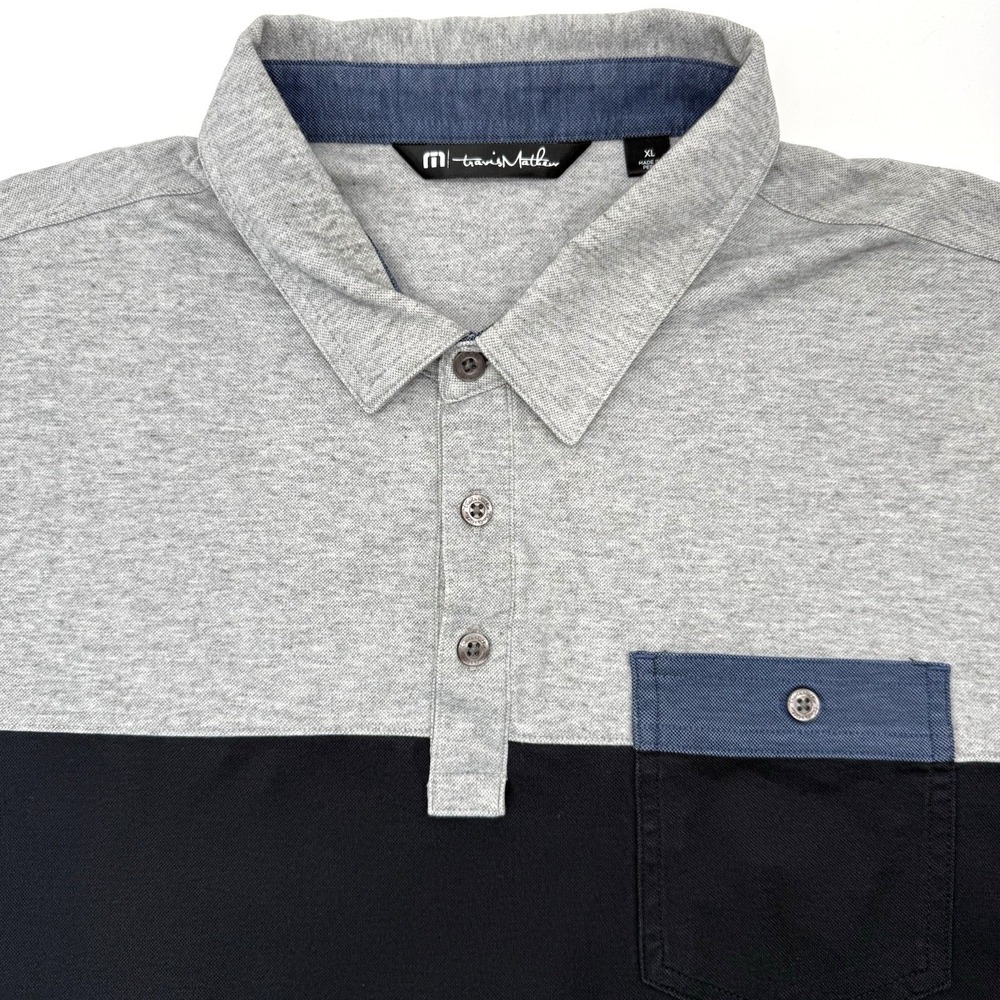 TravisMathew Polo Shirt Mens XL Grey‎ Black Colorblock Pima Cotton Short Sleeve